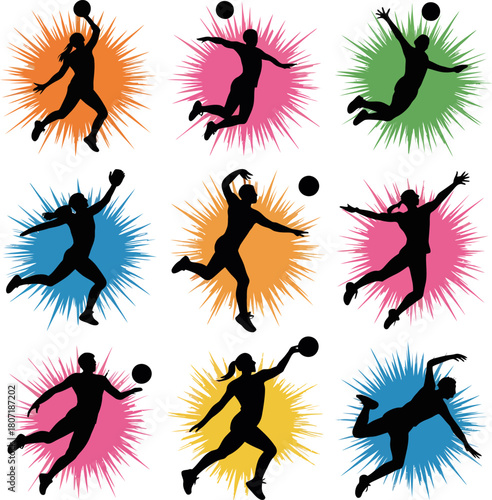 Volleyball players in dynamic action, vibrant burst backgrounds