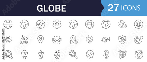 Globe Line editable Icon Set. Featuring world map, ecology, care, location, and more. Perfect for global business reports, travel apps, and ecological infographics.