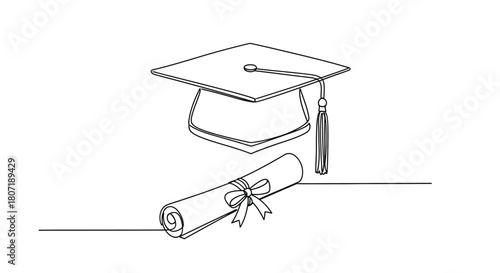 A graduation cap and rolled diploma tied with a ribbon illustration
