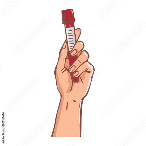 Professional illustration of a human hand holding a medical blood sample tube, crucial for laboratory analysis, detecting health markers, and diagnosing various medical conditions