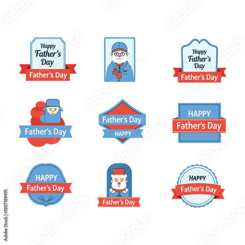 happy father's day flat badges and labels set with cute cartoon dad character