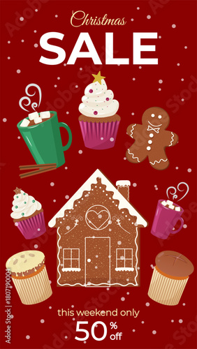 Vertical Sale Banner for Stories with gingerbread house, cupcakes, man, cocoa cups, panettone. Christmas sale text on dark red background. Vector template design
