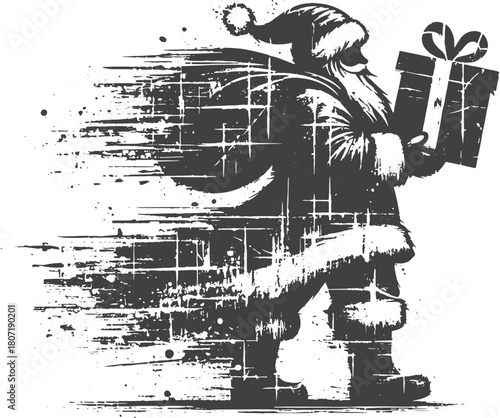  A bold, grunge illustration shows Santa Claus walking with a large wrapped gift. The distressed texture adds dynamic energy, making it ideal for holiday campaigns, festive branding