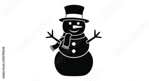Simple black and white illustration of a classic snowman with a top hat