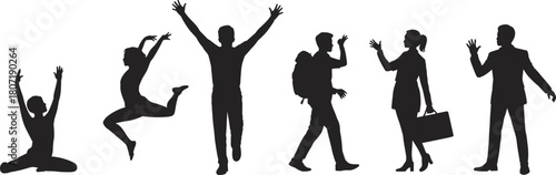 Diverse silhouette figures posing, waving, and dancing with expressive movement, creativity, freedom, joyful energy, lifestyle action, and dynamic motion