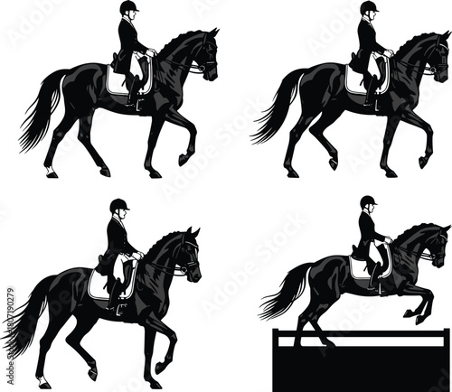 Dressage and Show Jumping Horse Riding Silhouettes: Equestrian Sport, Rider and Horse in Formal Attire, Black Vector Illustration Set