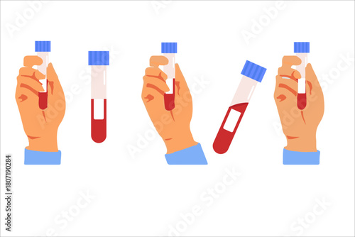 Medical laboratory professionals hands holding various blood test tubes with blood samples for diagnostic analysis and scientific research purposes, illustrating healthcare procedures