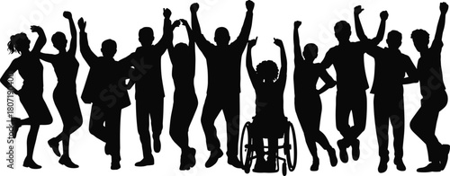 Diverse group of people celebrating together, inclusive community cheering in unity, joyful silhouettes expressing energy, happiness, freedom