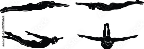 Black Silhouette Swimmer Illustrations: Dynamic Underwater Swimming Poses, Sport Training, Athlete in Goggles and Cap, Flat Vector Graphic Design