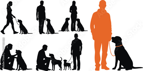 Dog Training Silhouette Vector Set, People Walking, Sitting, and Interacting with Pet Dogs, Canine Companionship, Obedience, and Friendship Icons, Training Class Graphics.