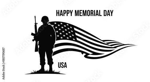 Silhouette of a soldier with an american flag honoring memorial day