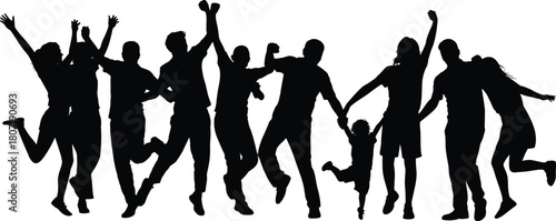 Joyful group silhouette jumping together in celebration outdoors, diverse people expressing happiness, unity, freedom, teamwork, and energetic movement