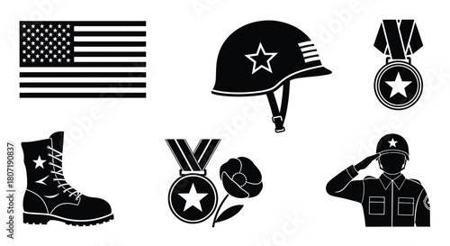 American military symbols flag helmet medals boots salute and remembrance