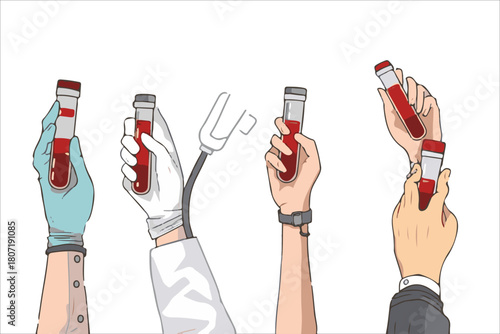A collaborative vector doodle showing diverse hands of doctors and patients holding test tubes with blood samples for medical analysis