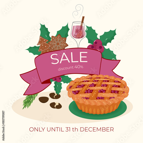 Square Sale Banner with mulled wine glass, fruit pie, gingerbread snowflake, tree, winter berries, roasted chestnuts. Sale text on pink ribbon. Christmas vector template design