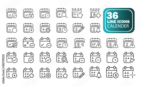 Calendar outline icon collection, featuring date schedule reminder and organization symbols, vector illustration set