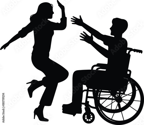 Silhouette of joyful woman greeting man in wheelchair, expressing support, happiness, friendship, inclusion, freedom, connection, empowerment, positivity