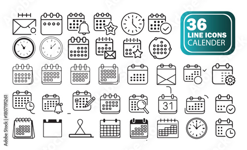 Calendar and planner line icons, containing date month week reminder and event elements, outline vector graphics