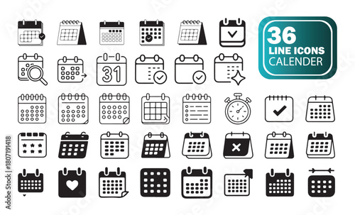 Calendar line icon set, containing date schedule month week reminder and event symbols, outline vector collection, minimal illustration