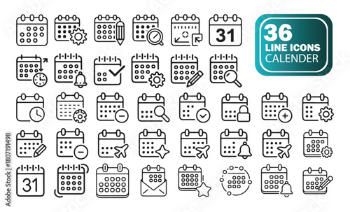 Calendar vector icons, line style date month week and reminder symbols, planning and event illustration set, outline graphics

