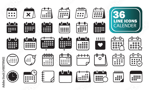Calendar line icons pack, date schedule reminder agenda and event symbols, minimal outline collection, vector illustration
