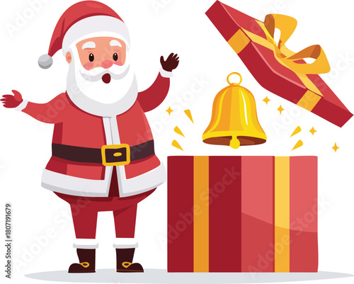 Surprised Santa Claus with Jingle Bell Popping from Exploding Gift Box