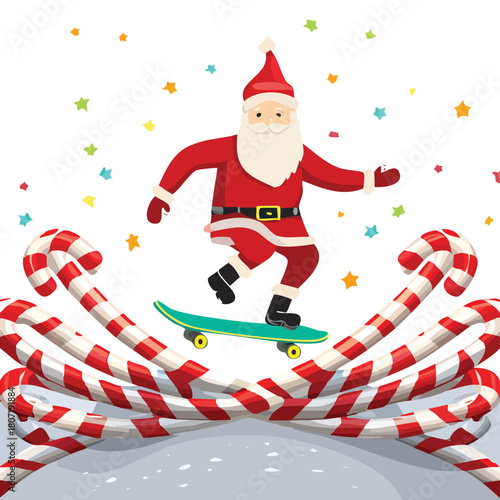 Skateboarding Santa Navigating Candy Cane Course