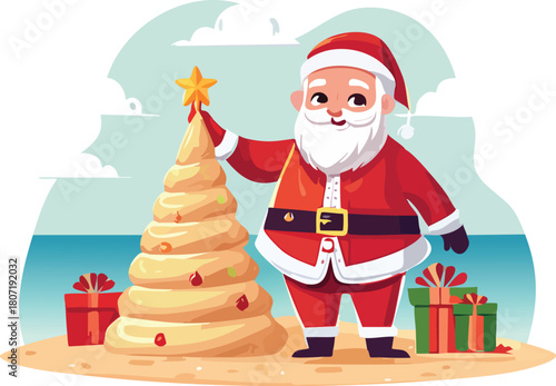 Santa Claus Decorating Sand Christmas Tree on a Sunny Beach