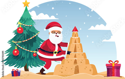 Santa Claus Building Christmas Tree Sandcastle on a Tropical Beach
