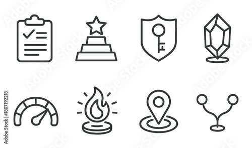 Futuristic icon set: checklist, star, shield, gem, speedometer, flame, location, network