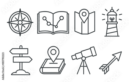 Navigation icons: compass, map, lighthouse, telescope, arrow, book