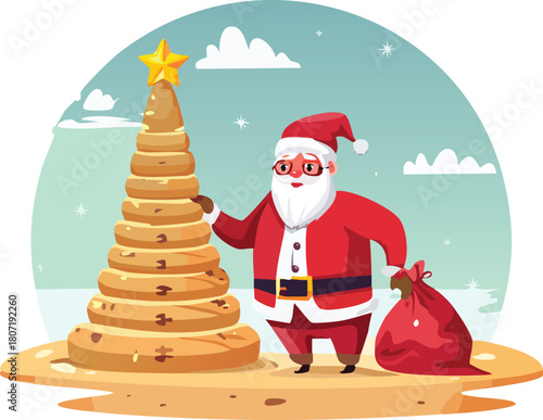 Santa Claus Building Cookie Christmas Tree on Tropical Beach