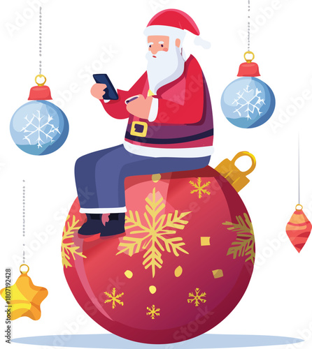 Modern Santa Claus Checking Smartphone on Giant Christmas Ornament