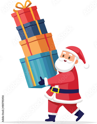 Santa Claus Carrying Overloaded Stack of Christmas Gifts Vector
