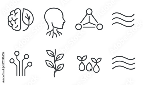 Minimalist icons: brain, human profile, connections, wavy lines, circuit, plant, seeds