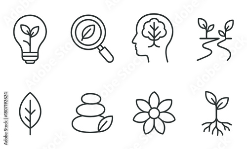 Eco symbols: light bulb, leaf, brain, magnifying glass, plants, stones, flower, roots