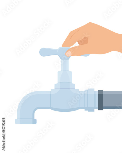 Hand closing water tap isolated on white background