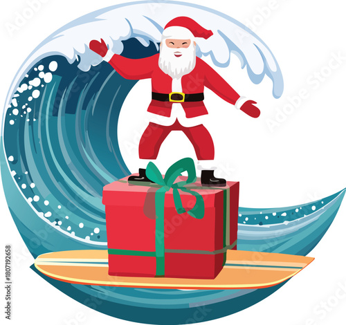 Jolly Santa Claus Surfing a Giant Christmas Gift Box on a Wave