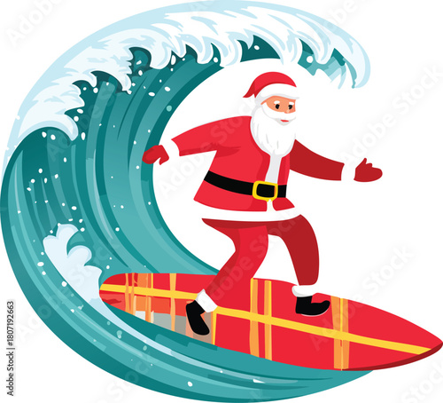 Santa Claus Surfing a Christmas Present on a Giant Ocean Wave Vector