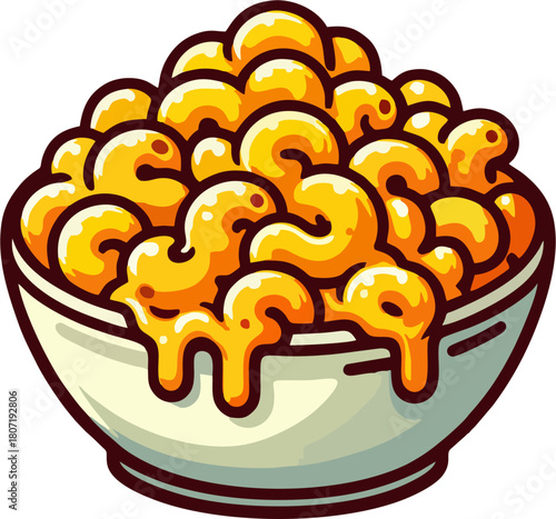 Cheesy Macaroni Bowl Vector with Gooey Melted Cheese and Elbow Pasta
