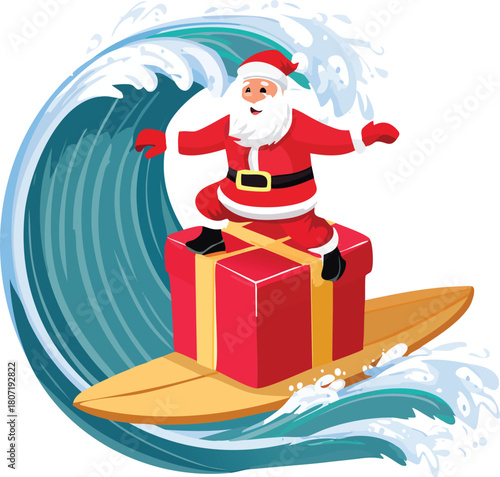Santa Claus Surfing a Christmas Present on a Wave Vector Illustration