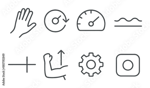 Minimalist grey icons: hand, speedometer, strength, gear, button on gradient background