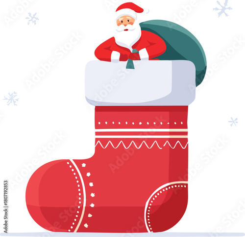 Jolly Santa Claus in Giant Christmas Stocking as Sleeping Bag Vector