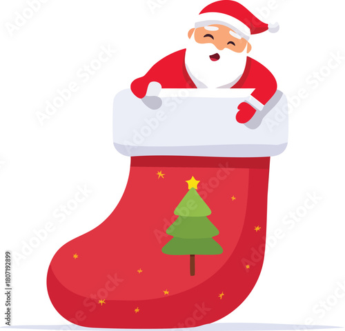 Cheerful Santa Claus Peeking from Christmas Stocking Vector