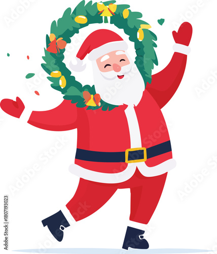 Joyful Santa Claus Dancing with Christmas Wreath - Flat Vector Illustration