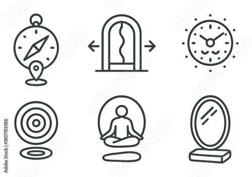 Abstract geometric icons featuring compass, arrows, clock, target, meditation, mirror