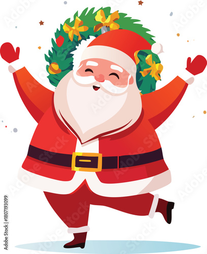 Jolly Santa Claus Dancing with Christmas Wreath Vector