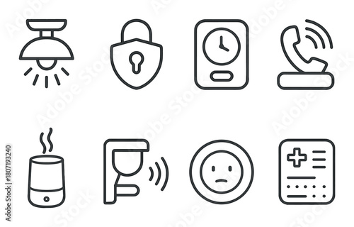 Smart home icon set: security, lighting, communication, and health symbols