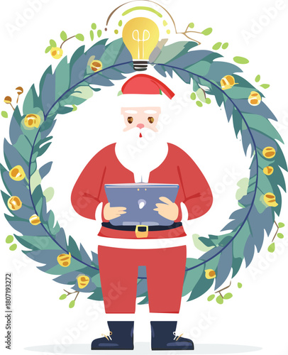 Tech-Savvy Santa Claus with Tablet and Smart Christmas Wreath