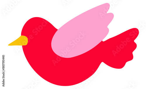 Minimalist cartoon red bird with pink wings in flight, simple design for kids.